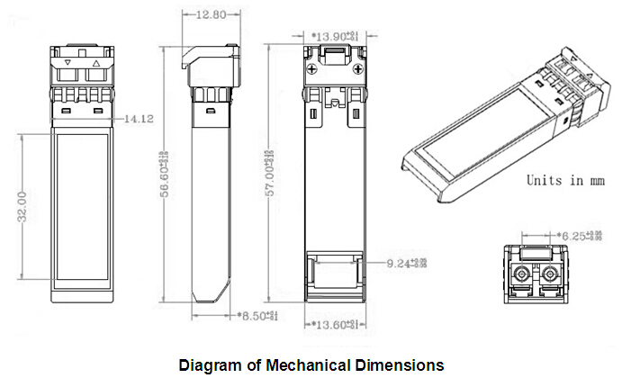 10Gbps SFP Optical Transceiver Diagram of Mechanical Dimensions